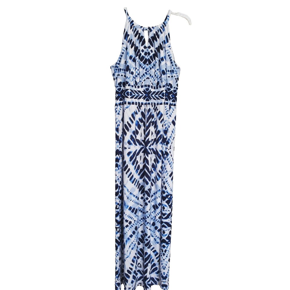 Chico's Blue Sleeveless Halter Keyhole Neck Stretchy Geo Print Maxi Dress 2 LGE